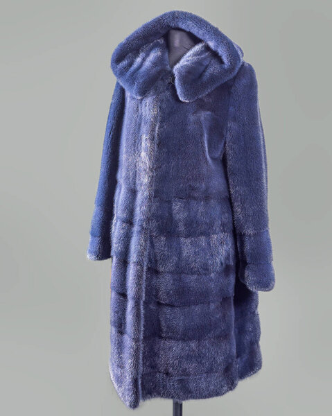 Dark blue mink coat with hood, sleeves and hem decorated with transverse stripes of fur