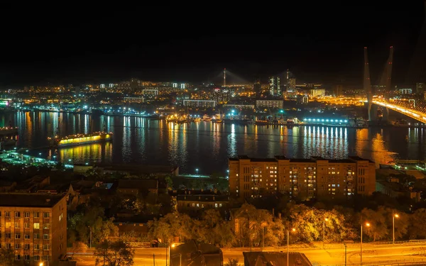 Landscape Night City Lights Houses Sea Ships Reflected Sea Water — Stock Photo, Image