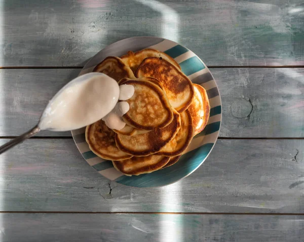 Homemade Pancakes Yogurt Tablespoon Wooden Table Top View — Stock Photo, Image