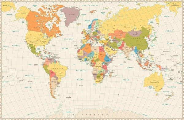 Mapa do mundo político retro detalhado — Vetor de Stock