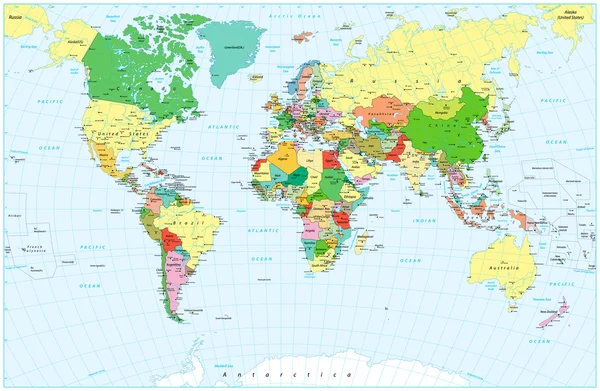 Mapa político detalhado grande do mundo e objetos da água — Vetor de Stock