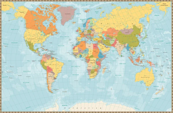 大規模な詳細なヴィンテージ色の湖と政治の世界地図と — ストックベクタ