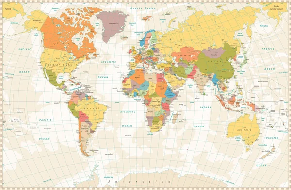 Mappa del Vecchio Mondo retrò con laghi e fiumi — Vettoriale Stock