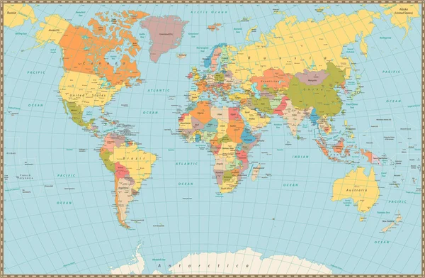 Mapa do mundo político detalhado grande da cor do vintage —  Vetores de Stock