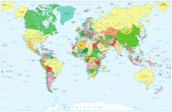 Stora detaljerade politiska världskartan och vatten objekt — Stock vektor
