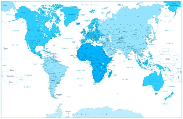 Peta dunia dan benua dalam warna biru terisolasi pada putih - Stok Vektor