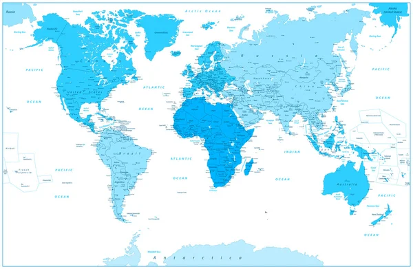 Mapa světa a kontinenty v barvách modré, izolované na bílém — Stockový vektor