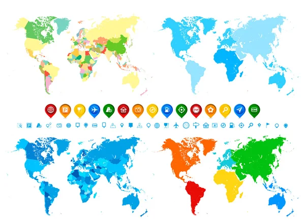 Collection de cartes du monde et icônes de navigation en différentes couleurs a — Image vectorielle