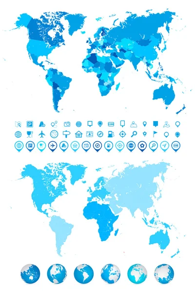 Mapa del Mundo, Globos, Continentes e iconos de navegación — Vector de stock