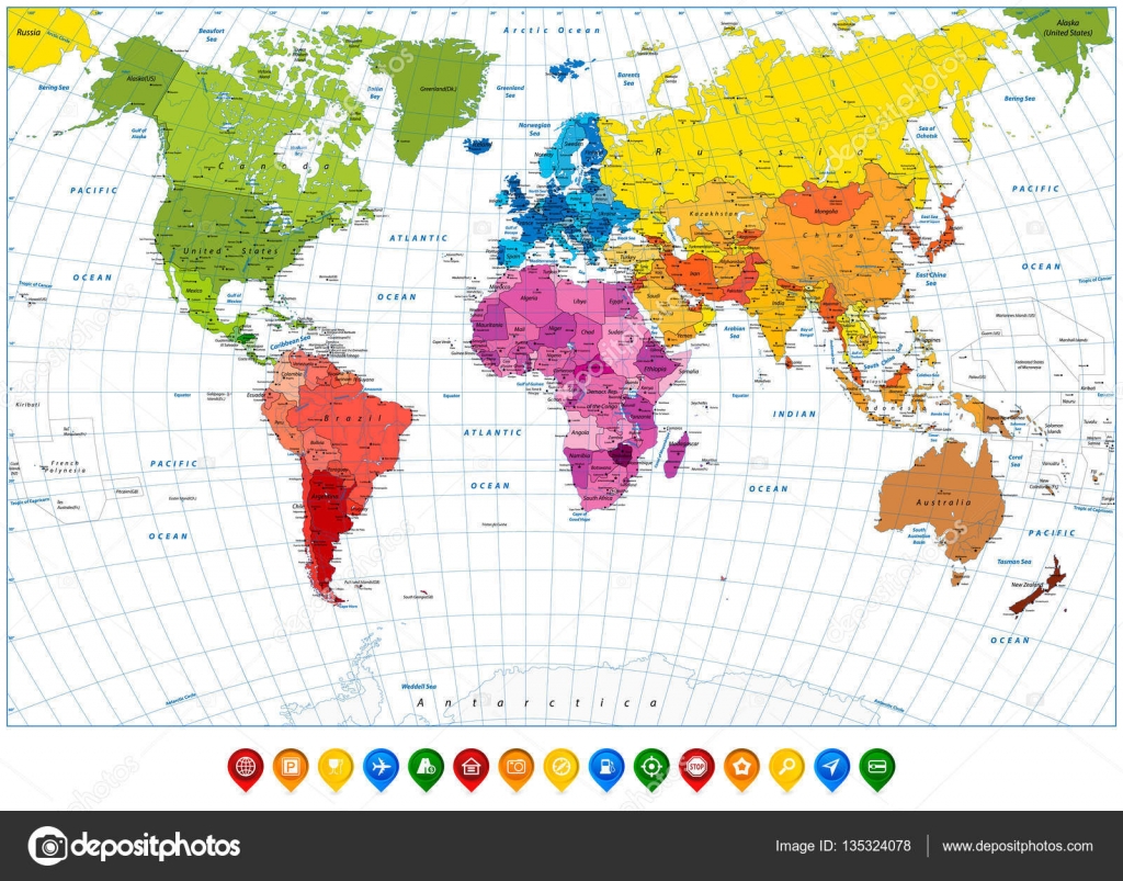 Mapa Del Mundo Detallado Spot Colors And Colorful Map Pointers Vector