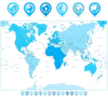 Dünya harita harita işaretçiler ve kıta mavi ISO renkleri ile