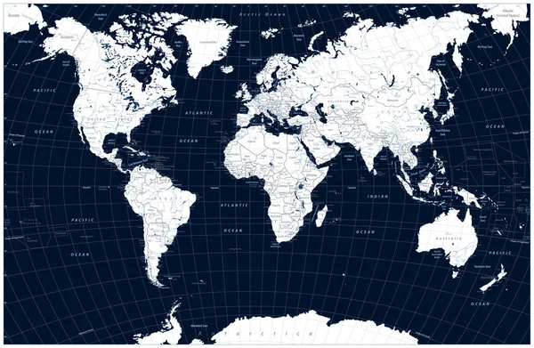 Colore blu scuro Mappa del Mondo e oggetti acquatici — Vettoriale Stock