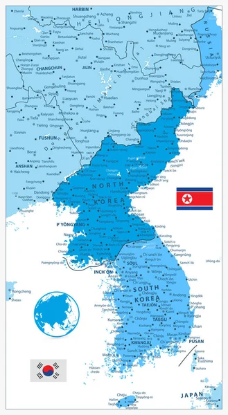 Mappa penisola coreana nei colori del blu isolato su bianco, Nord — Vettoriale Stock