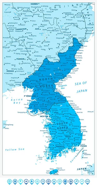 Mapa de la Península de Corea en colores de azul y azul mapa punteros — Vector de stock