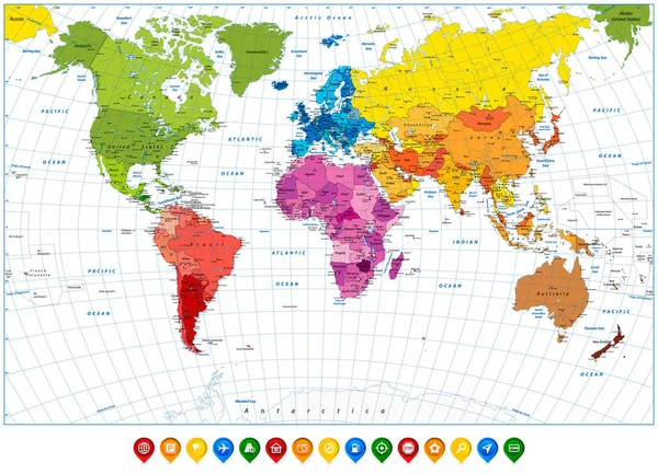Mapa del mundo detallado spot colors and colorful map pointers — Vector de stock