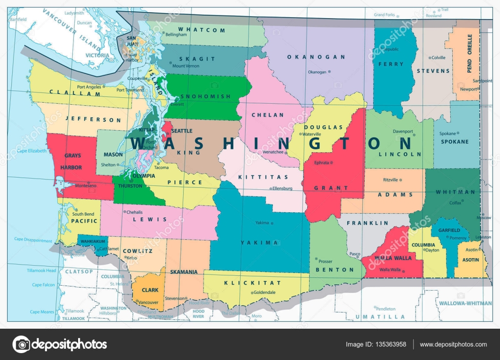 Washington state administrative map Stock Vector Image by ©Cartarium