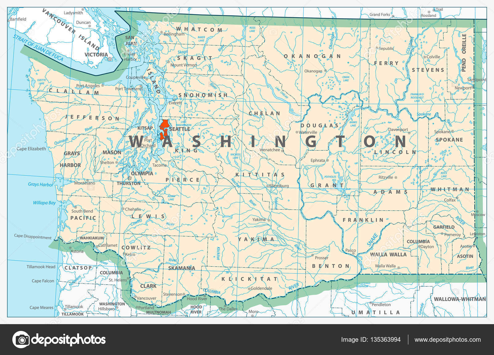 ワシントン州詳細地図 ストックベクター ©Cartarium 135363994