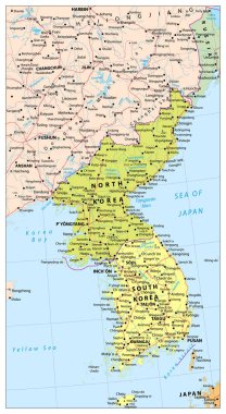 Kore Yarımadası siyasi harita, harita Kuzey ve Güney Kore