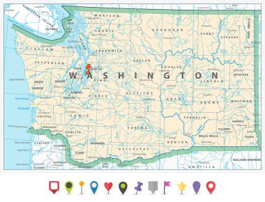 Washington state detailed map and flat icon set clipart