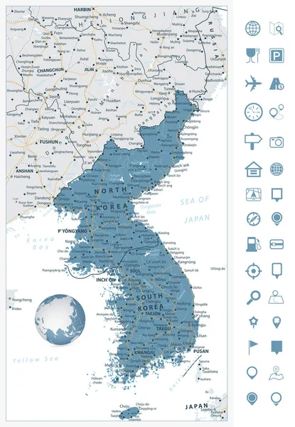Koreanska halvön färdplanen och navigering ikoner, Nord och syd — Stock vektor