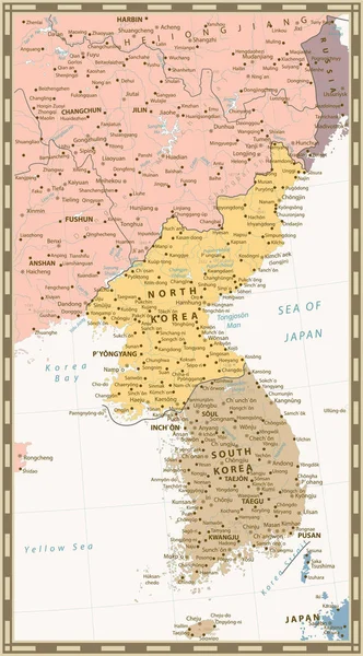 Retro color political map of the Korean Peninsula, Map of North — стоковый вектор