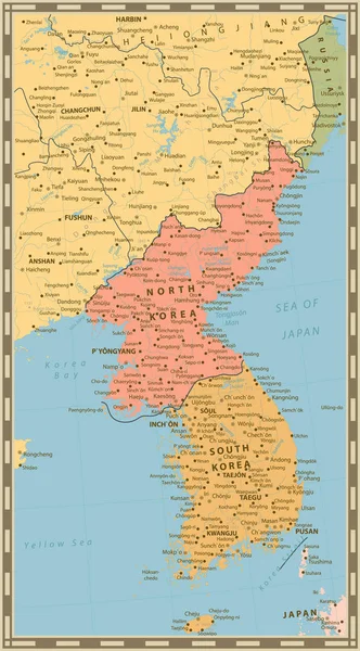 Vintage kolor polityczna mapa Półwyspu Koreańskiego, Mapa Nort — Wektor stockowy