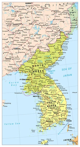 Península de Corea mapa político, Mapa de Corea del Norte y del Sur — Archivo Imágenes Vectoriales