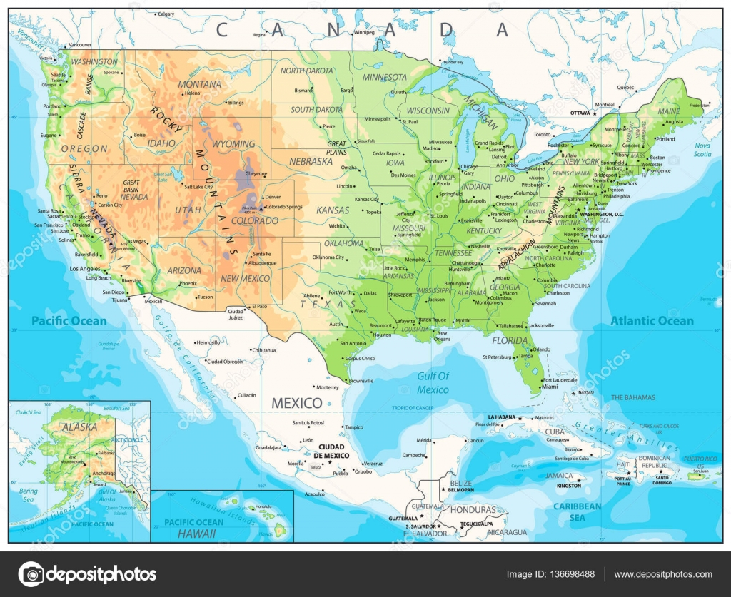 USA mappa fisica dettagliata - Vettoriale Stock di ©Cartarium 136698488