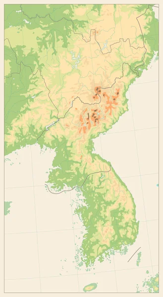 Retro kleur Koreaans schiereiland fysieke kaart. Geen tekst. Geïsoleerd op — Stockvector