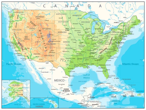 Докладна фізична мапа США — стоковий вектор