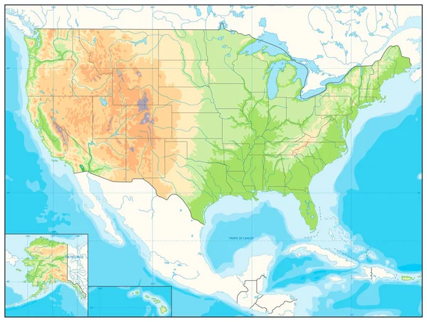 Detaillierte Reliefkarte der USA. kein Text — Stockvektor