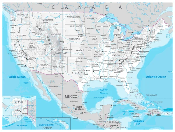 Докладна фізична мапа США — стоковий вектор