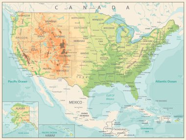 ABD Retro renk fiziksel Haritası 