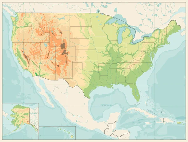 Detaillierte Reliefkarte der USA. Retro-Farbe — Stockvektor