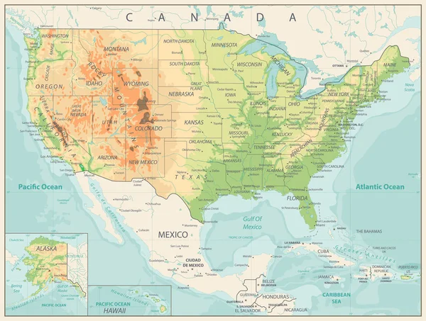 Retro färg fysisk karta över Usa — Stock vektor