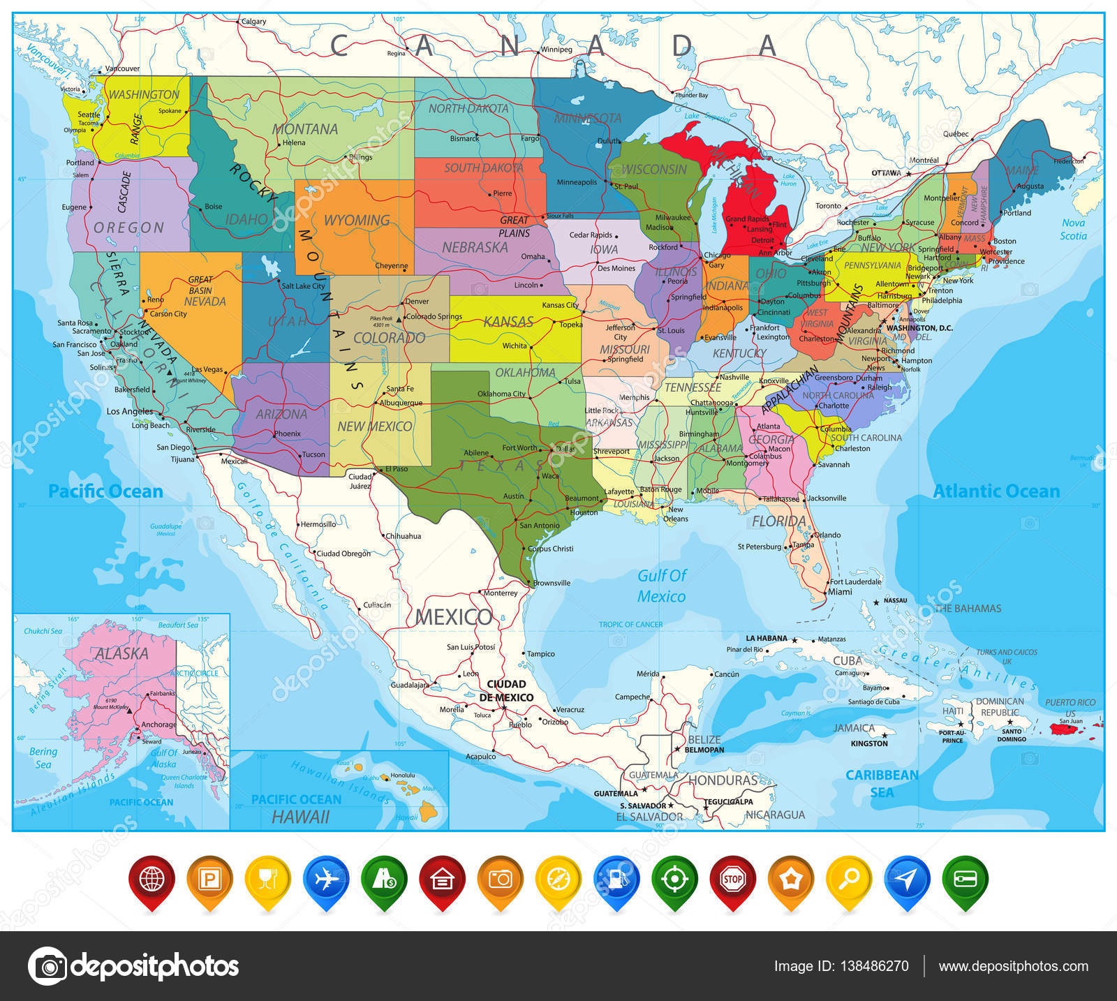 EE.UU. Hoja de ruta política y punteros de mapa Vector de stock