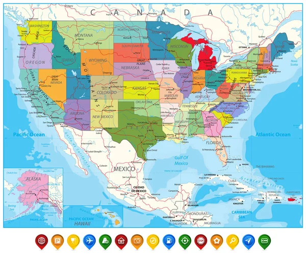 Mapa de estradas político dos EUA e ponteiros de mapas —  Vetores de Stock