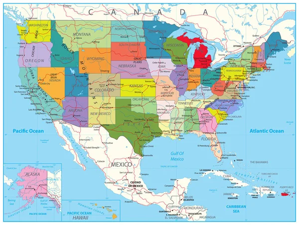 Mapa de estradas político dos EUA —  Vetores de Stock