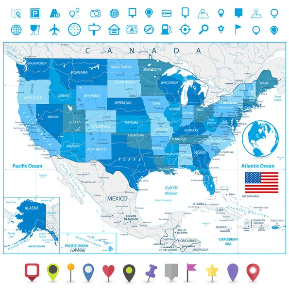 Carta stradale USA nei colori del blu e puntatori mappa piatta — Vettoriale Stock