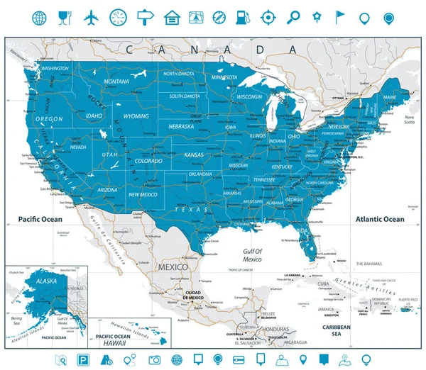 EE.UU. Mapa de carreteras e iconos de navegación de línea — Vector de stock