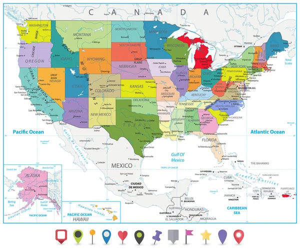 Політична мапа США та скористатися плоскою картою вказівники ізольовані на білому — стоковий вектор