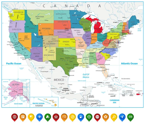 アメリカの政治地図とマップ ポインターを白で隔離 — ストックベクタ