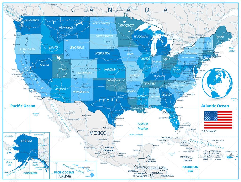 USA Road Map in colors of blue