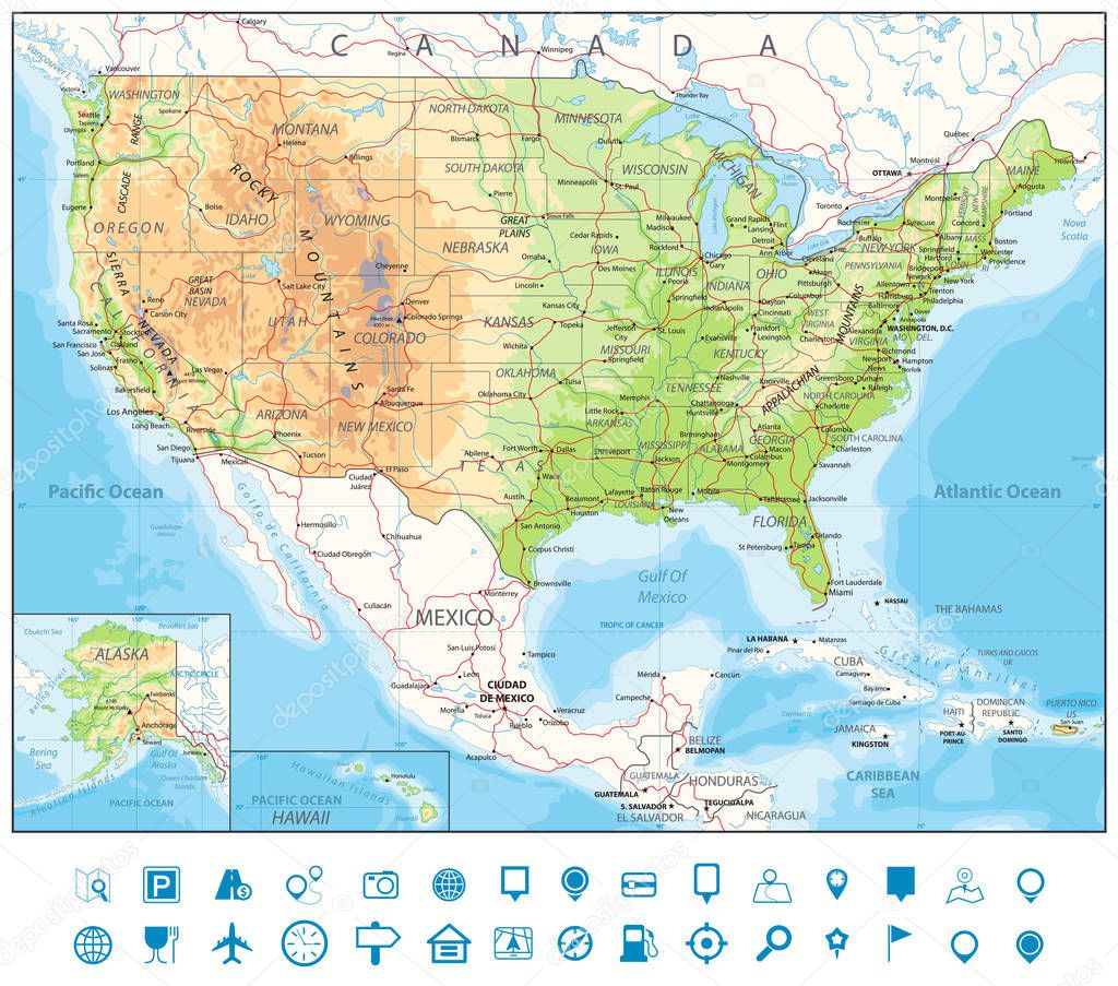 Road Physical Map of USA