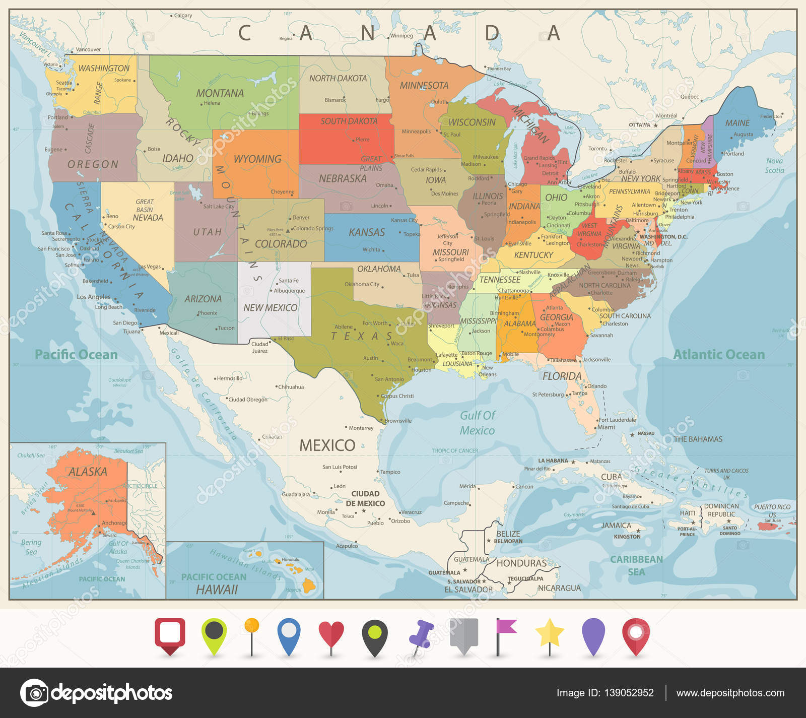 Vintage Color Political Map of USA and Flat Map Pointers Stock Vector