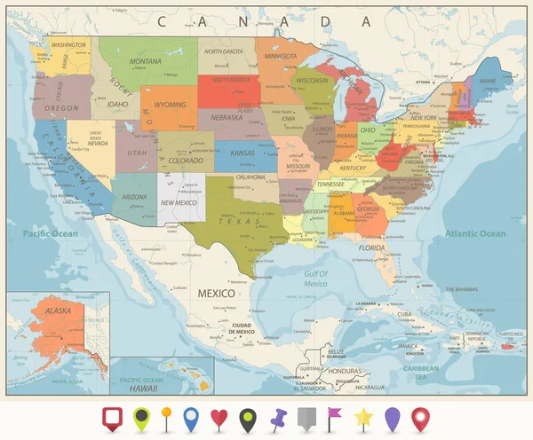 Vintage barevná politická mapa Usa a plochá mapa ukazatele — Stockový vektor