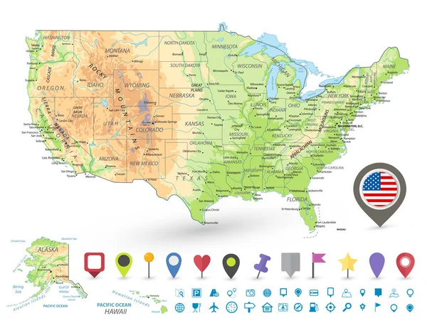 USA carte physique détaillée et icônes de navigation — Image vectorielle