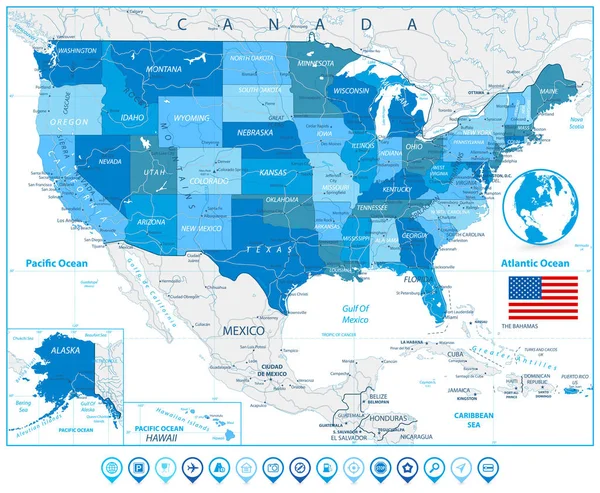 Mapa de carreteras de Estados Unidos en colores de azul y punteros de mapa — Vector de stock