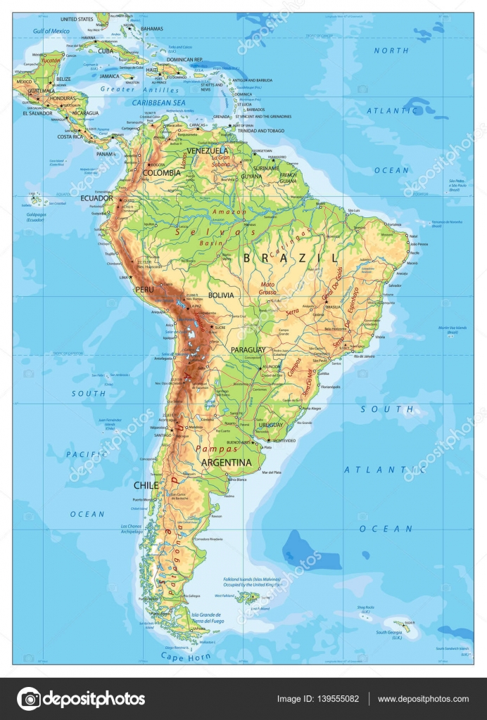 Szczegółowa mapa fizyczna Ameryki Południowej Grafika wektorowa od ...