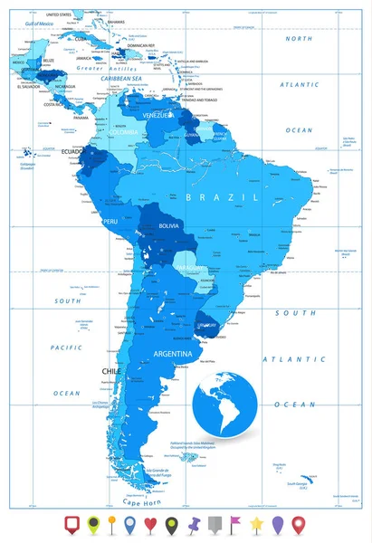 Szczegółowa mapa Ameryki Południowej w kolory niebieski i płaska Mapa UM — Wektor stockowy
